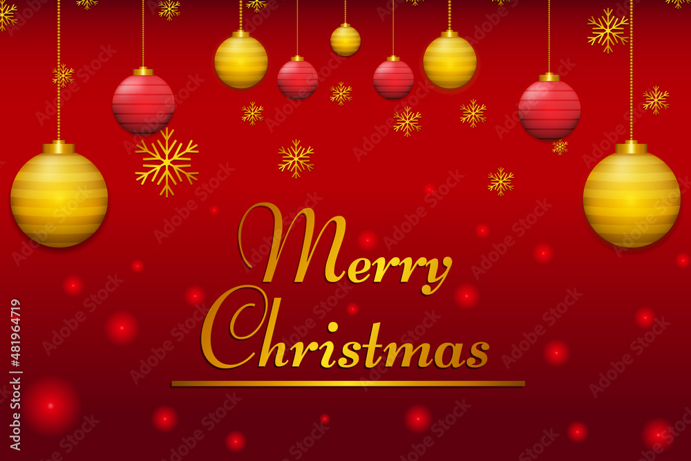 Merry christmas luxury background design with red and golden baubles