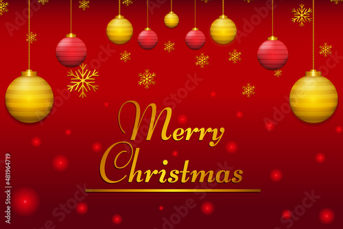 Merry christmas luxury background design with red and golden baubles