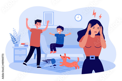 Burnout of tired mother because of naughty hyperactive children. Stress and fatigue of upset woman flat vector illustration. Family problem concept for banner, website design or landing web page