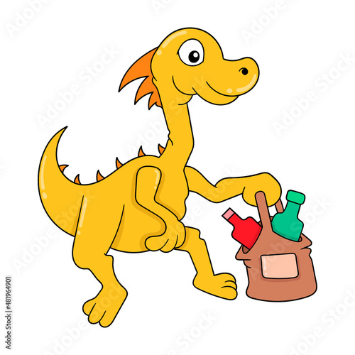 dinosaur walking with a bag of groceries, doodle icon image kawaii