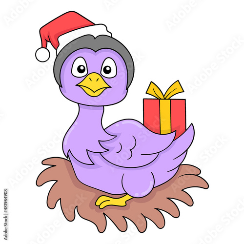 Duck is in his nest celebrating a Christmas gift, doodle icon image kawaii