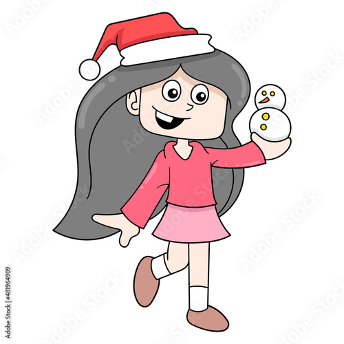 cute girl carrying snowman doll, doodle icon image kawaii
