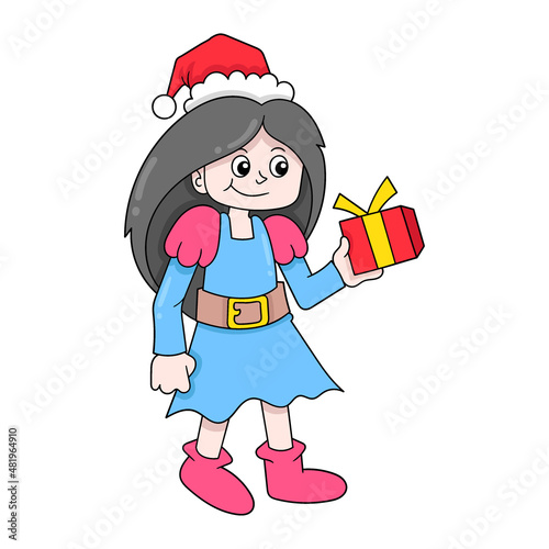 cute girl carrying a gift box, doodle icon image kawaii