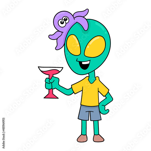 alien holding a wine glass, doodle icon image kawaii