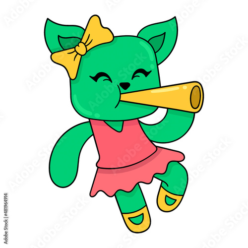 female cat holding party trumpet, doodle icon image kawaii