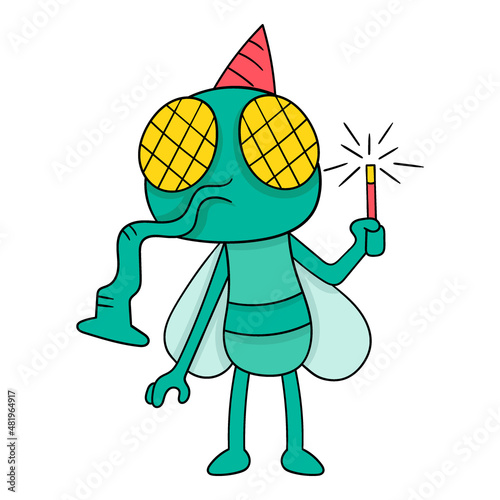 flies celebrating the new year holding fireworks, doodle icon image kawaii