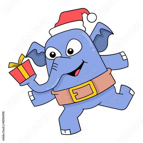 elephant celebrating christmas carrying a gift box, doodle icon image kawaii