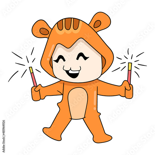 kid wearing cat costume holding fireworks, doodle icon image kawaii
