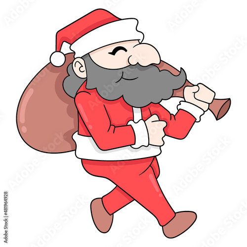 santa claus is walking with a gift sack, doodle icon image kawaii