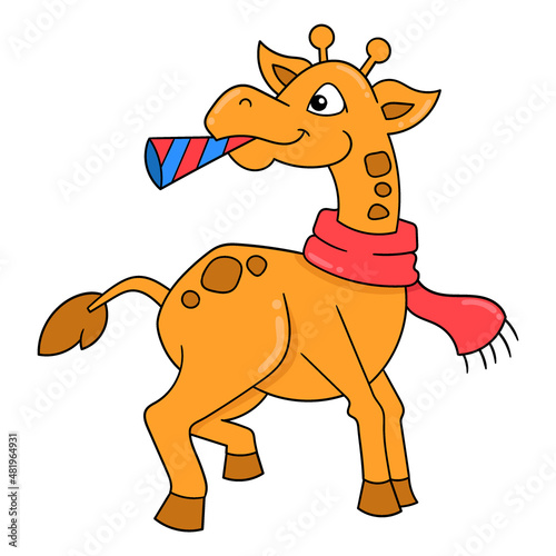 the giraffe is blowing the trumpet, doodle icon image kawaii