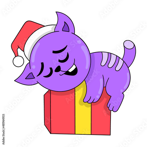 the cat is sleeping soundly hugging a gift, doodle icon image kawaii