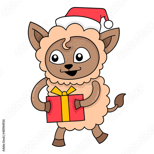 sheep walking with christmas gifts, doodle icon image kawaii