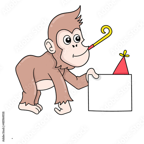 monkey is holding a blank board template, doodle icon image kawaii