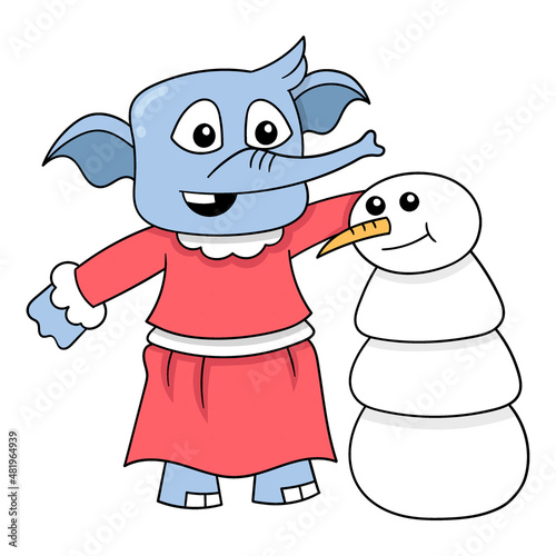 female elephant calf making snowman, doodle icon image kawaii