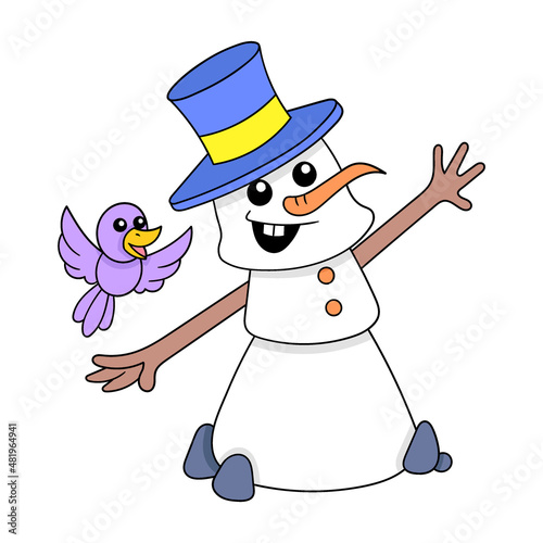 snowman is happily welcoming spring, doodle icon image kawaii