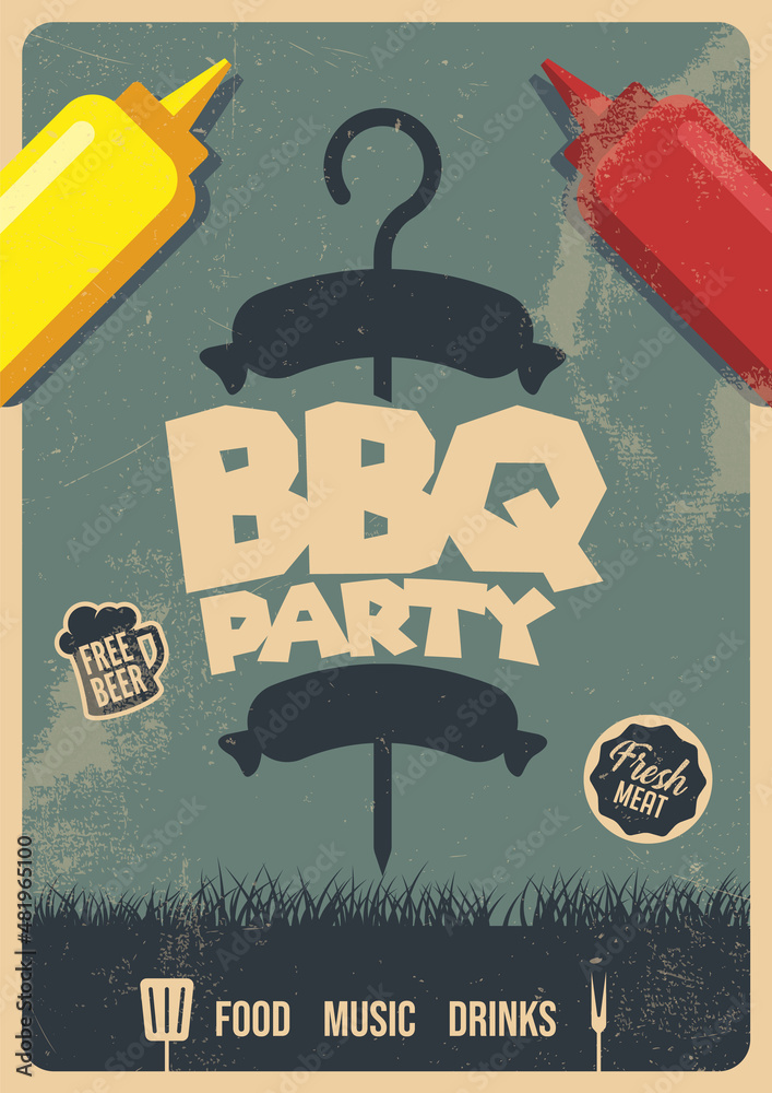 Barbecue party flyer or poster design template. BBQ event, retro ...