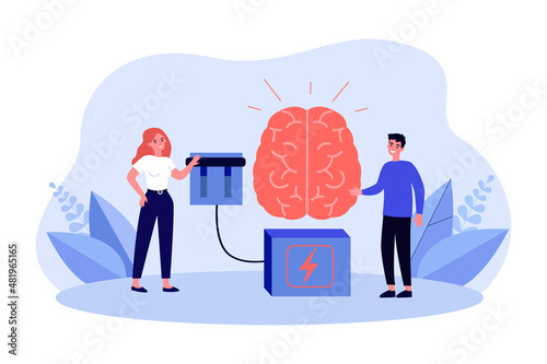 Tiny people pushing brain power switch with hand. Bright shine of brain full of genius ideas flat vector illustration. Innovation, motivation concept for banner, website design or landing web page