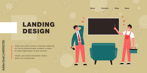 Happy handyman repairing television monitor. Home, screwdriver, repairman flat vector illustration. Service and maintenance concept for banner, website design or landing web page