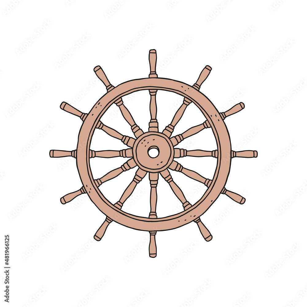 steering wheel rudder. Vector doodle sketch outline retro isolated illustration.
