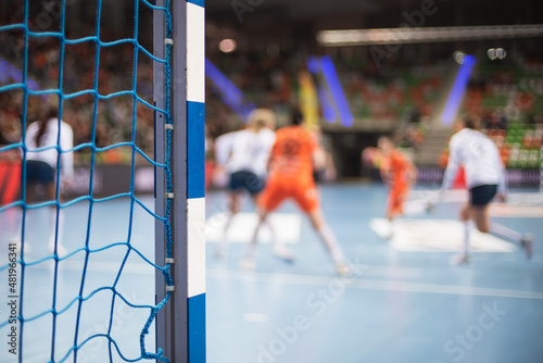 Detail of handball goal post with net and penalty shot in the background.