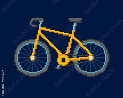 Pixel Art yellow bike isolated vector design. Pixel graphics bicycle in retro game style. 8-bit sprite. Old school computer graphic style