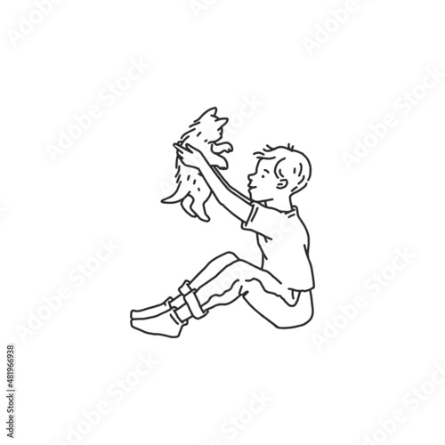 Boy with a cat pet. Doodle black white contour line illustration.