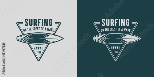 Surf board for surfing. Graphic surfboard of summer tropical hawaii for surf print of surfer