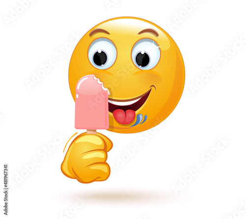 Happy emoji licks ice cream. Emoticon face in sunglasses holding a bitten off ice cream on a stick. Vector illustration
