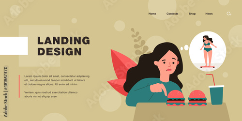 Girl worrying about her appearance, eating fast food. Flat vector illustration. Cartoon woman looking at hamburgers and soda, thinking about being overweight. Diet, health, junk food concept