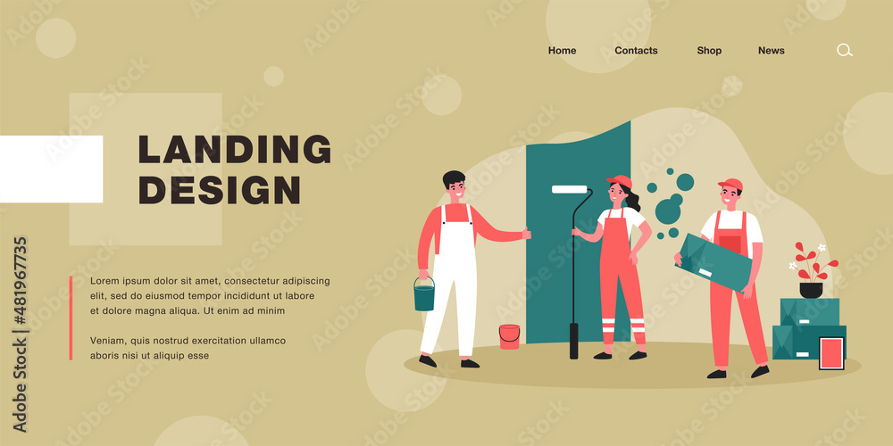 Professional repairmen repairing apartment. Wall, uniform, painting flat vector illustration. Renovation and repair service concept for banner, website design or landing web page