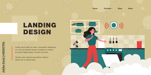 Frightened woman opening oven in smoky kitchen. Flat vector illustration. Girl spoiling dinner, forgetting to turn off oven in time. Cooking, food, fire, safety concept for design or landing page
