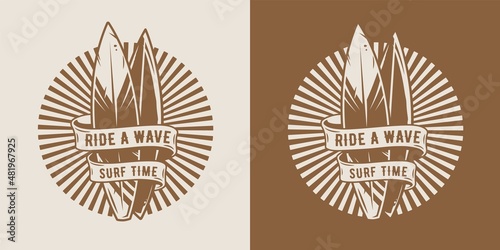 Surf board for surfing. Graphic surfboard of summer tropical hawaii for surf print of surfer