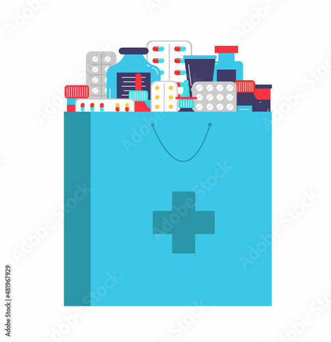 Paper bag with medicines, drugs, pills and bottles inside. Home delivery pharmacy service. Paper bag with medicines, pills, bottles, sprays. Vector illustration in flat style on white background