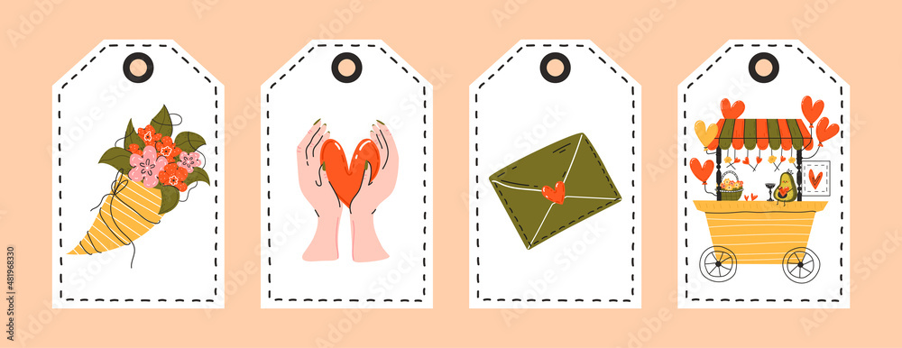 Gift tags for Valentine's Day. Set of cute love gift tags with flowers, hearts, a love envelope and other elements. Flat style, freehand drawing, doodle, line. Vector. All objects are isolated.