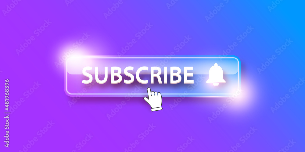 violet glass subscribe button with ring bell isolated on stylish violet background. Premium Subscribe banner design template with glossy Subscribe video or channel button and hand