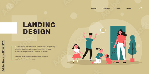 Happy kids greeting mother with dog. Home, pet, happiness flat vector illustration. Family and domestic animals concept for banner, website design or landing web page