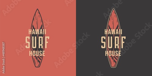 Surf board for surfing. Graphic surfboard of summer tropical hawaii for surf print of surfer