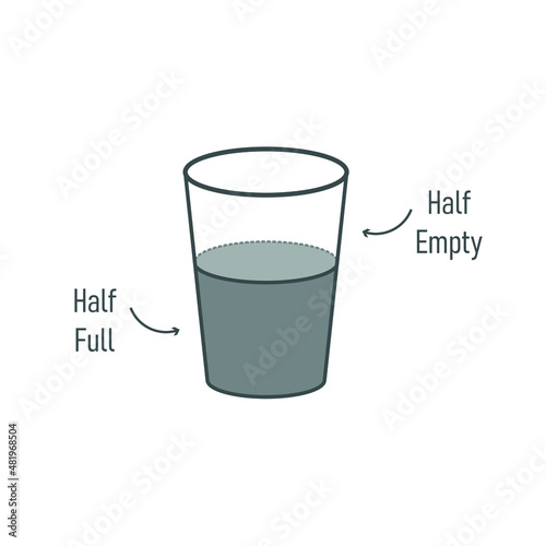 Pessimist and ontimist concept. Glass of water half empty of half full. Positive and negative thinking. 
Line icon with lettering. Vector illustration