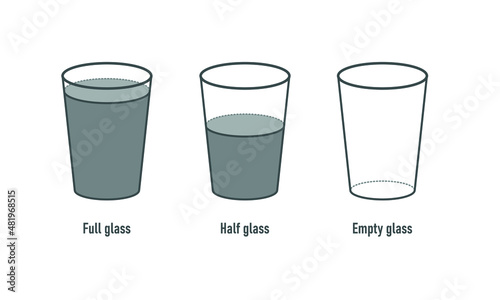 Glass empty, full and half. Flat line icon set. Vector