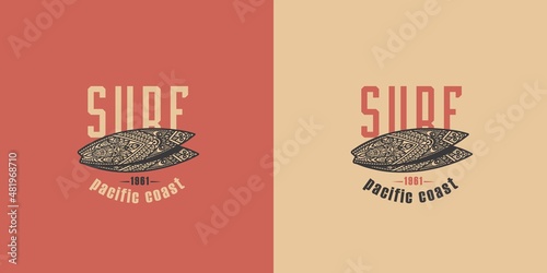 Surf board for surfing. Graphic surfboard of summer tropical hawaii for surf print of surfer