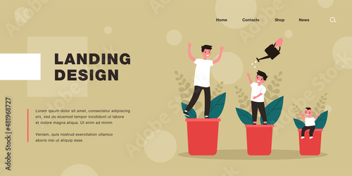 Growth stages of child in form of plant. Flat vector illustration. Newborn, junior schoolchild and teenager boy watered with watering can, changing with age. Growing up, gardening, childhood concept