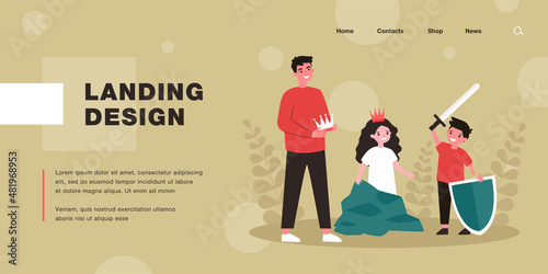 Father or teacher and children rehearsing for school play. Boy with sword and shield, girl wearing crown flat vector illustration. Family, entertainment, drama club concept for banner, website design