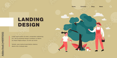 Happy man and girl collecting mushrooms. Forest, flora, food flat vector illustration. Outdoor activity and nature concept for banner, website design or landing web page