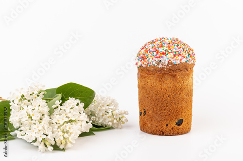 Easter composition with traditional Russian Easter bread kulich and lilac flowers on light background.