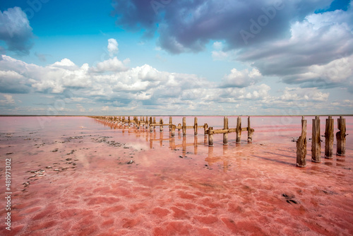 Beautiful view of pink lake with wooden bridge under the blue sky