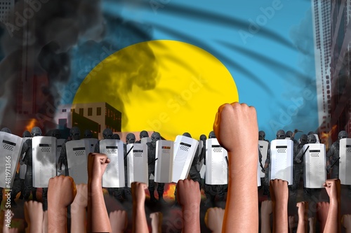 Protest in Palau - police officers stand against the protestors crowd on flag background, mutiny fighting concept, military 3D Illustration