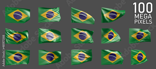 Brazil flag isolated - various realistic renders of the waving flag on grey background - object 3D illustration