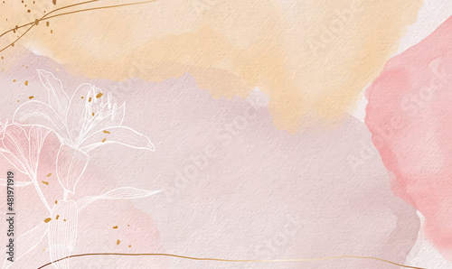 Abstract watercolor background with golden line and hand drawn Lily flower. Vector