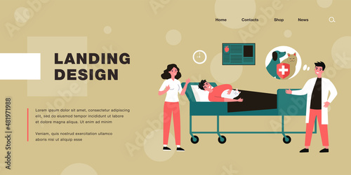 Cartoon medical workers, patient lying in bed with cat. Flat vector illustration. Doctors conducting cat therapy for patient lying in hospital bed. Animal, medical methods, treatment strategy concept