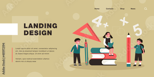 Cartoon school children with huge stationary. Tiny students with compass or divider, pencil and protractor flat vector illustration. Education, math concept for banner, website design or landing page